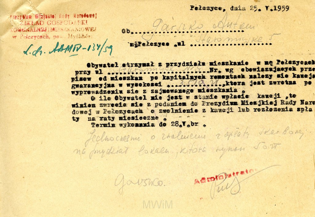 KKE 5873-1.jpg - Dok. Przydział mieszkaniowy wystawiony przez Prezydium Miejskiej Rady Narodowej dla Antoniego Graszko, Pełczyce, 25 V 1959 r. oraz Odwołanie Anntoniego Graszko w sprawie wniesienia Kaucji za nowo przydzielne mieszkanie, Pełczyce, 29 V 1959 r.